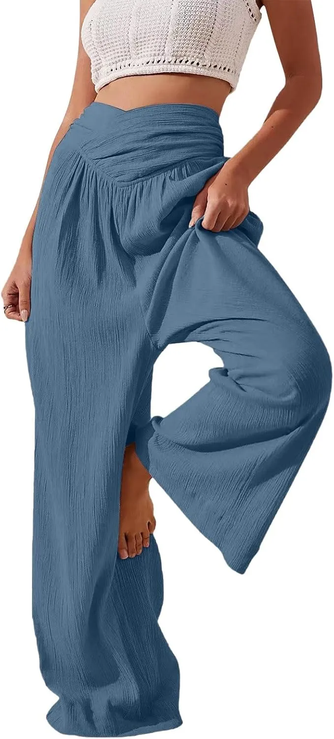 Wide Leg Palazzo Pants for Women Cotton Linen Crossover High Waisst Dressy Trousers with Pockets Lightweight Loose Yoga Pants