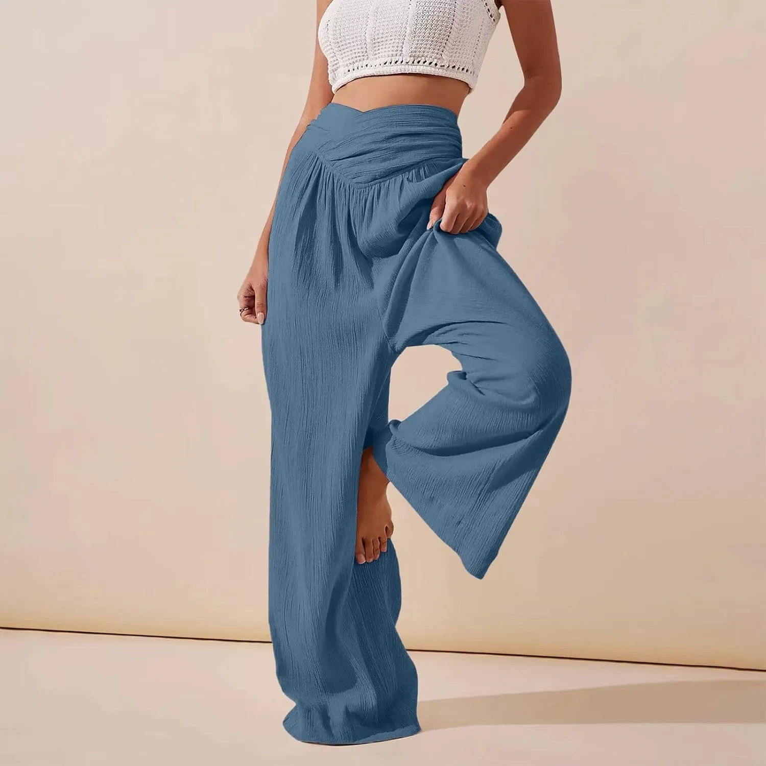 Wide Leg Palazzo Pants for Women Cotton Linen Crossover High Waisst Dressy Trousers with Pockets Lightweight Loose Yoga Pants