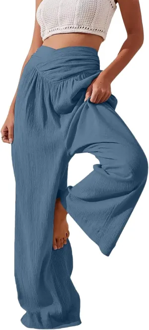 Wide Leg Palazzo Pants for Women Cotton Linen Crossover High Waisst Dressy Trousers with Pockets Lightweight Loose Yoga Pants