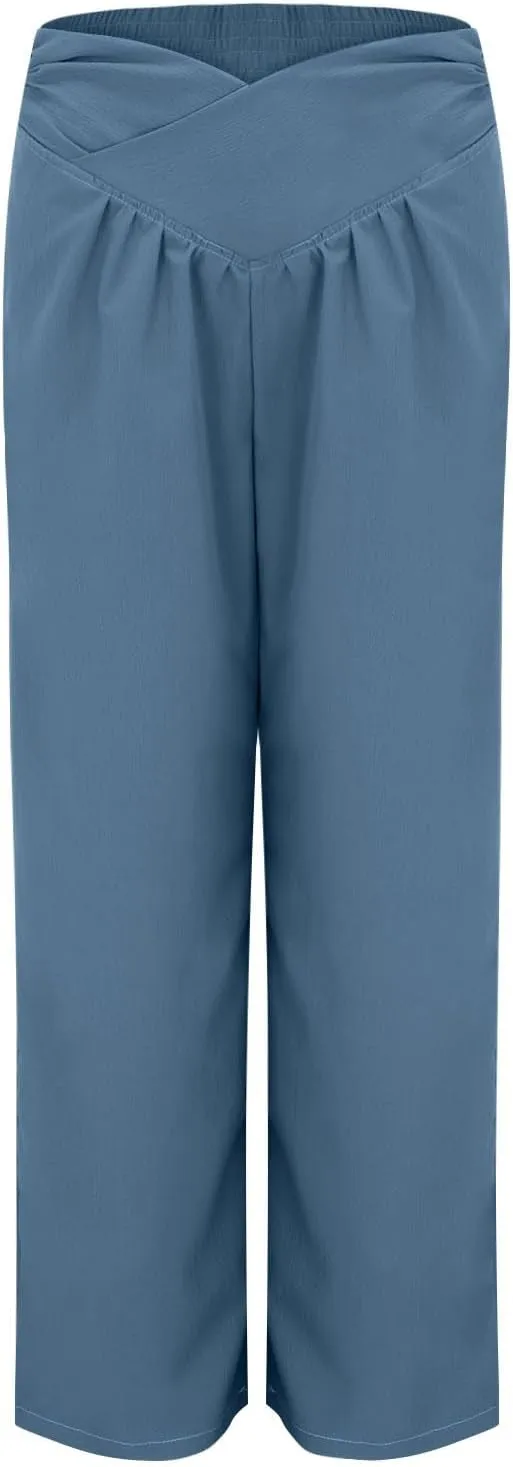 Wide Leg Palazzo Pants for Women Cotton Linen Crossover High Waisst Dressy Trousers with Pockets Lightweight Loose Yoga Pants