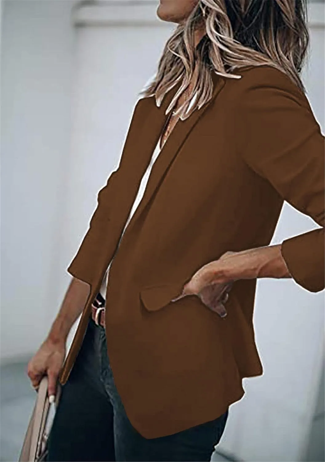 WIWIQS Women's Long Sleeve Open Front Blazer Lapel Work Office Casual Suit Solid Color Comfy Blazers