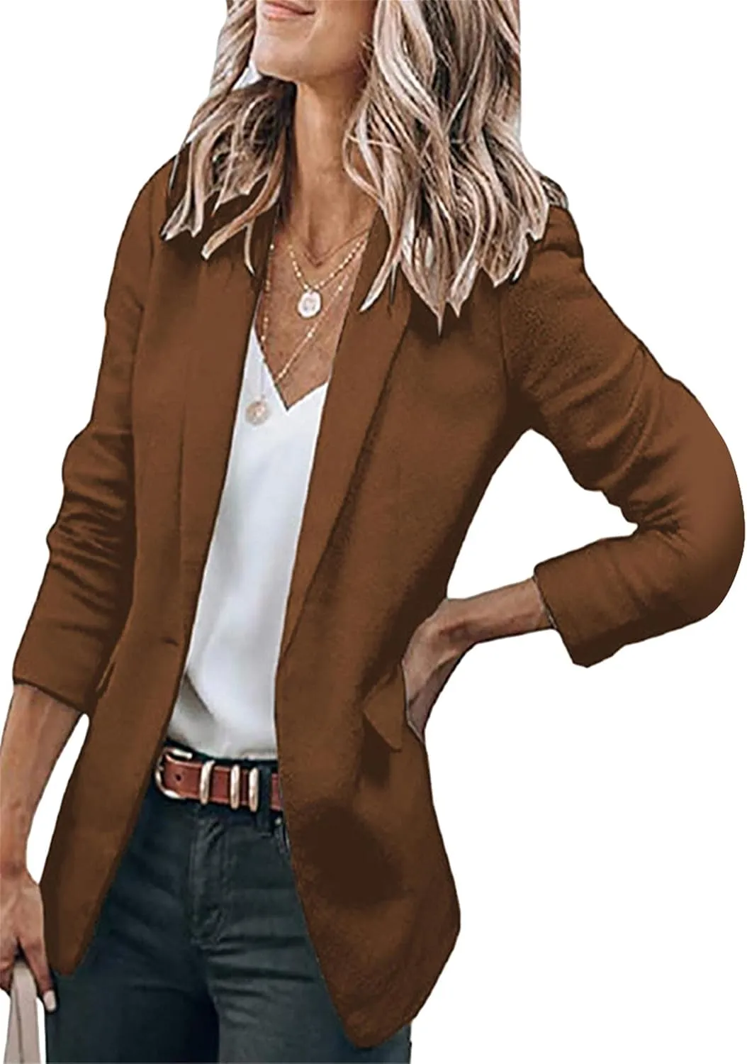 WIWIQS Women's Long Sleeve Open Front Blazer Lapel Work Office Casual Suit Solid Color Comfy Blazers