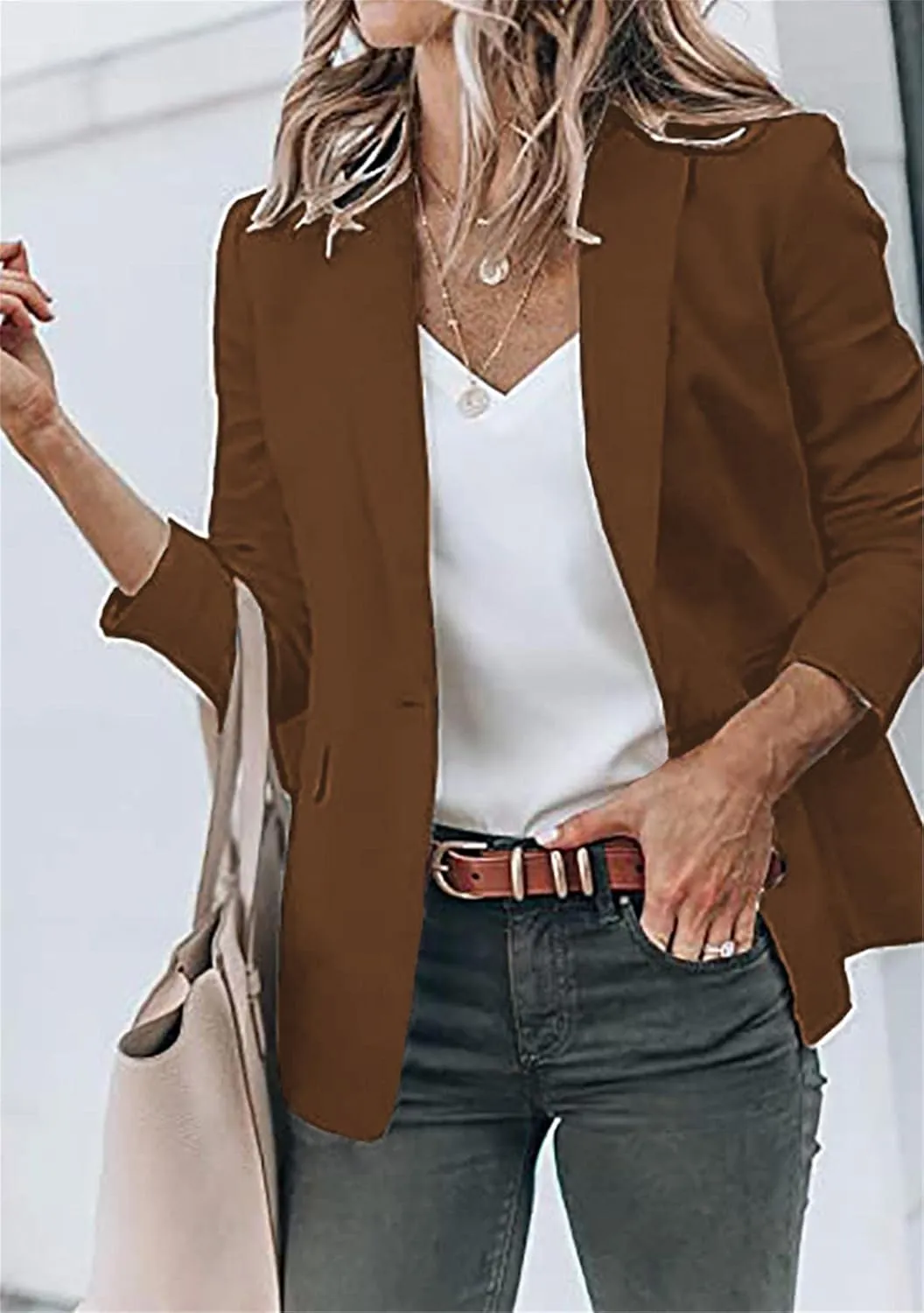 WIWIQS Women's Long Sleeve Open Front Blazer Lapel Work Office Casual Suit Solid Color Comfy Blazers