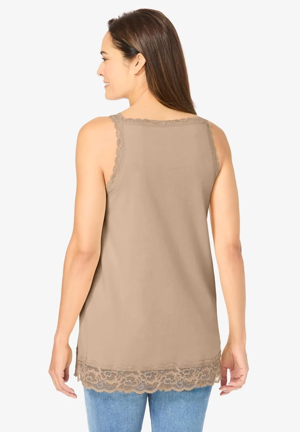 Woman Within Plus Size Lace-Trim V-Neck Tank
