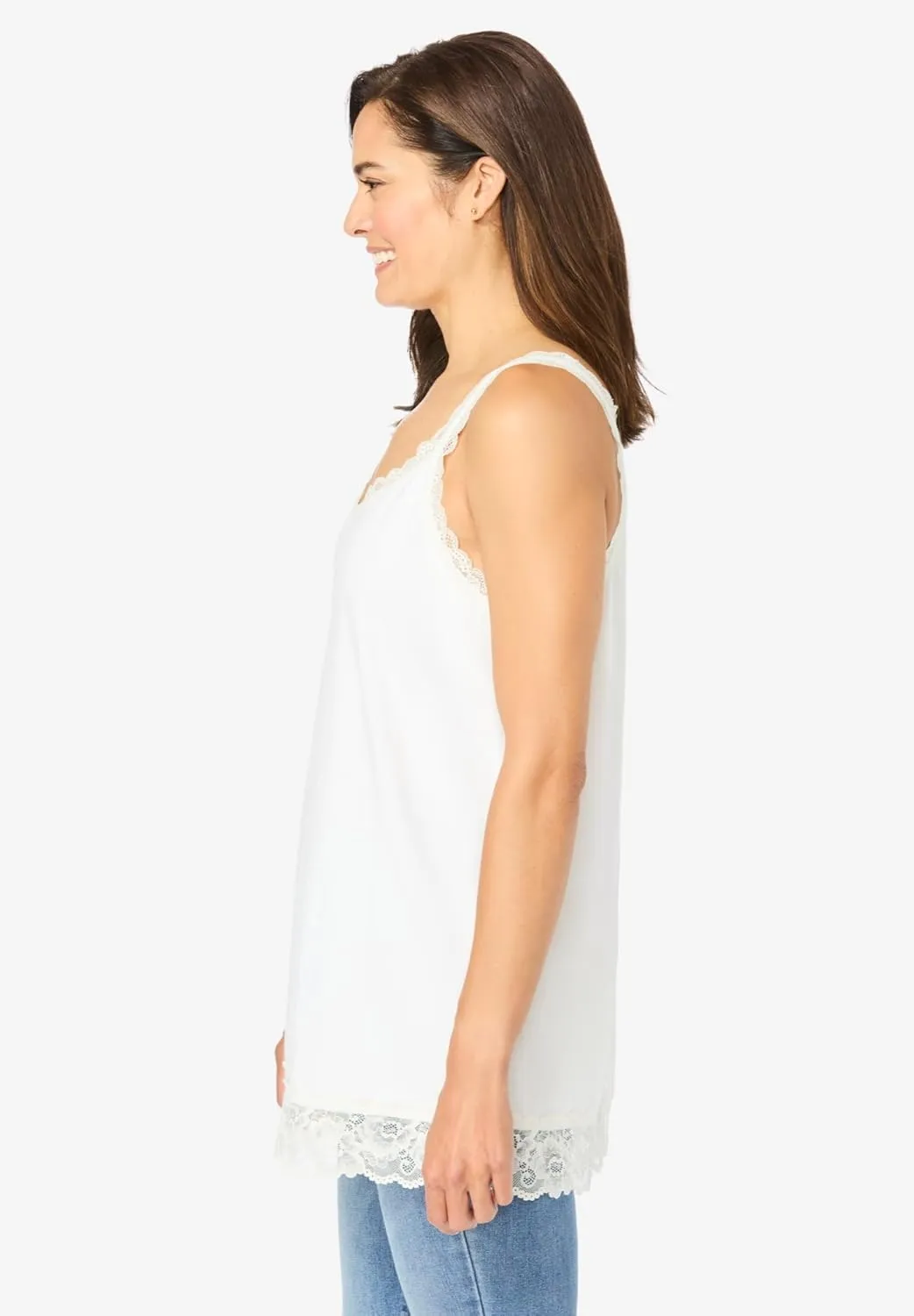 Woman Within Plus Size Lace-Trim V-Neck Tank