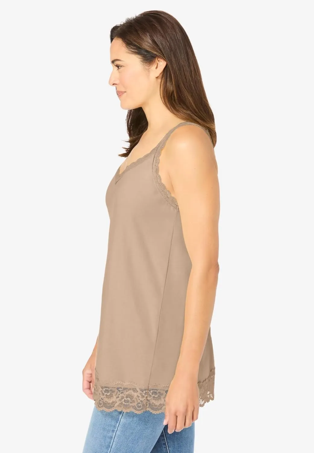 Woman Within Plus Size Lace-Trim V-Neck Tank