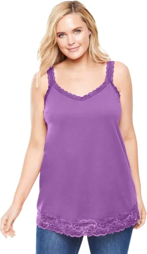 Woman Within Plus Size Lace-Trim V-Neck Tank