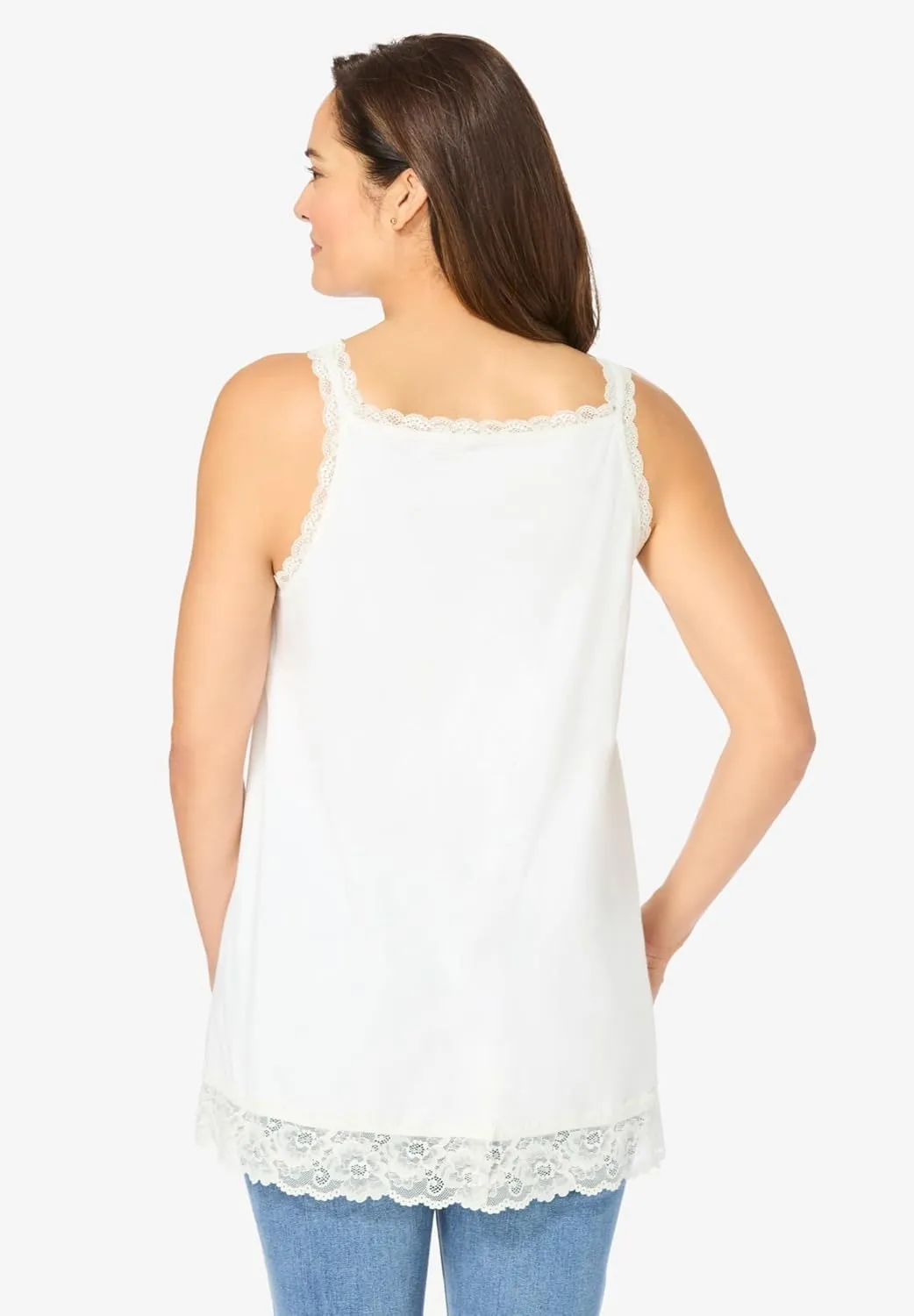 Woman Within Plus Size Lace-Trim V-Neck Tank