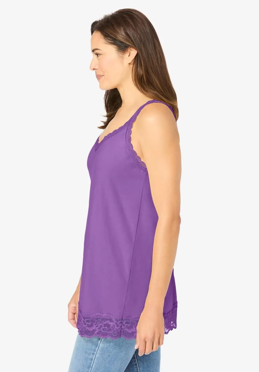 Woman Within Plus Size Lace-Trim V-Neck Tank