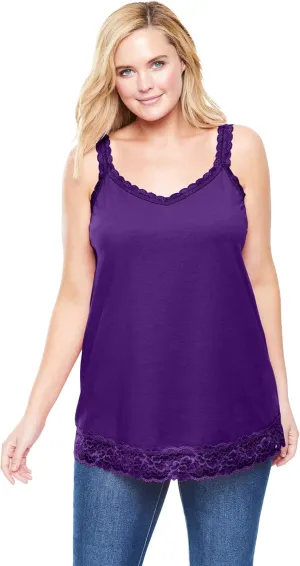 Woman Within Plus Size Lace-Trim V-Neck Tank