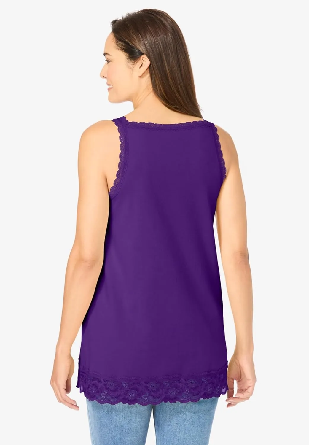 Woman Within Plus Size Lace-Trim V-Neck Tank