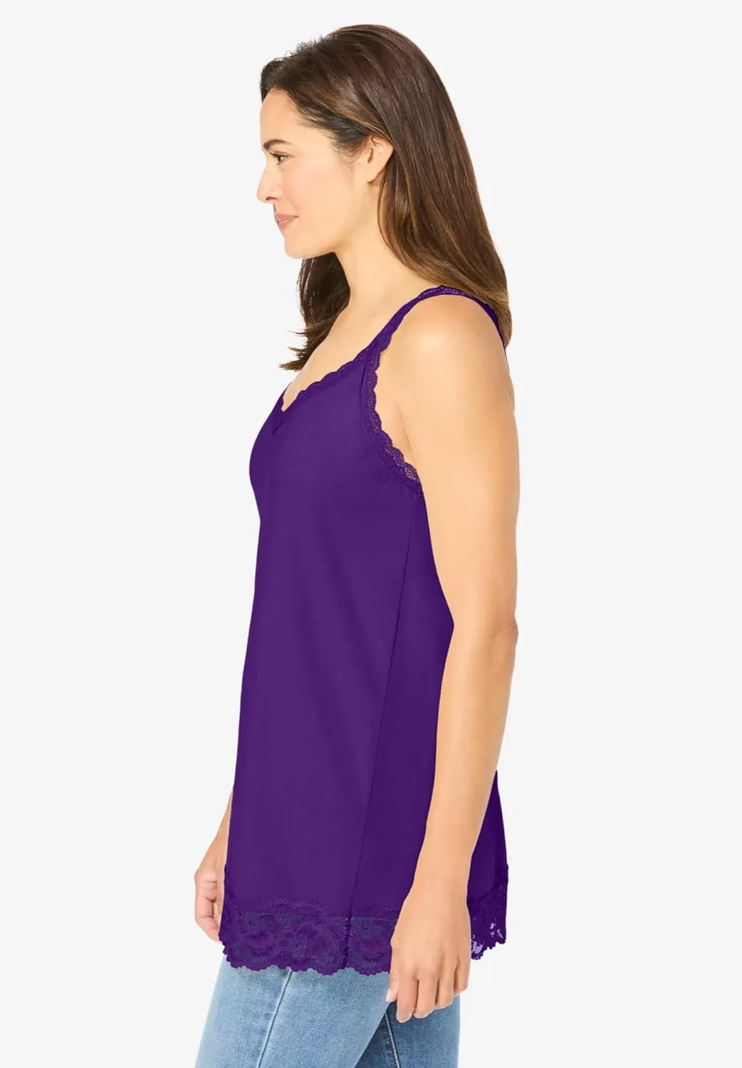 Woman Within Plus Size Lace-Trim V-Neck Tank