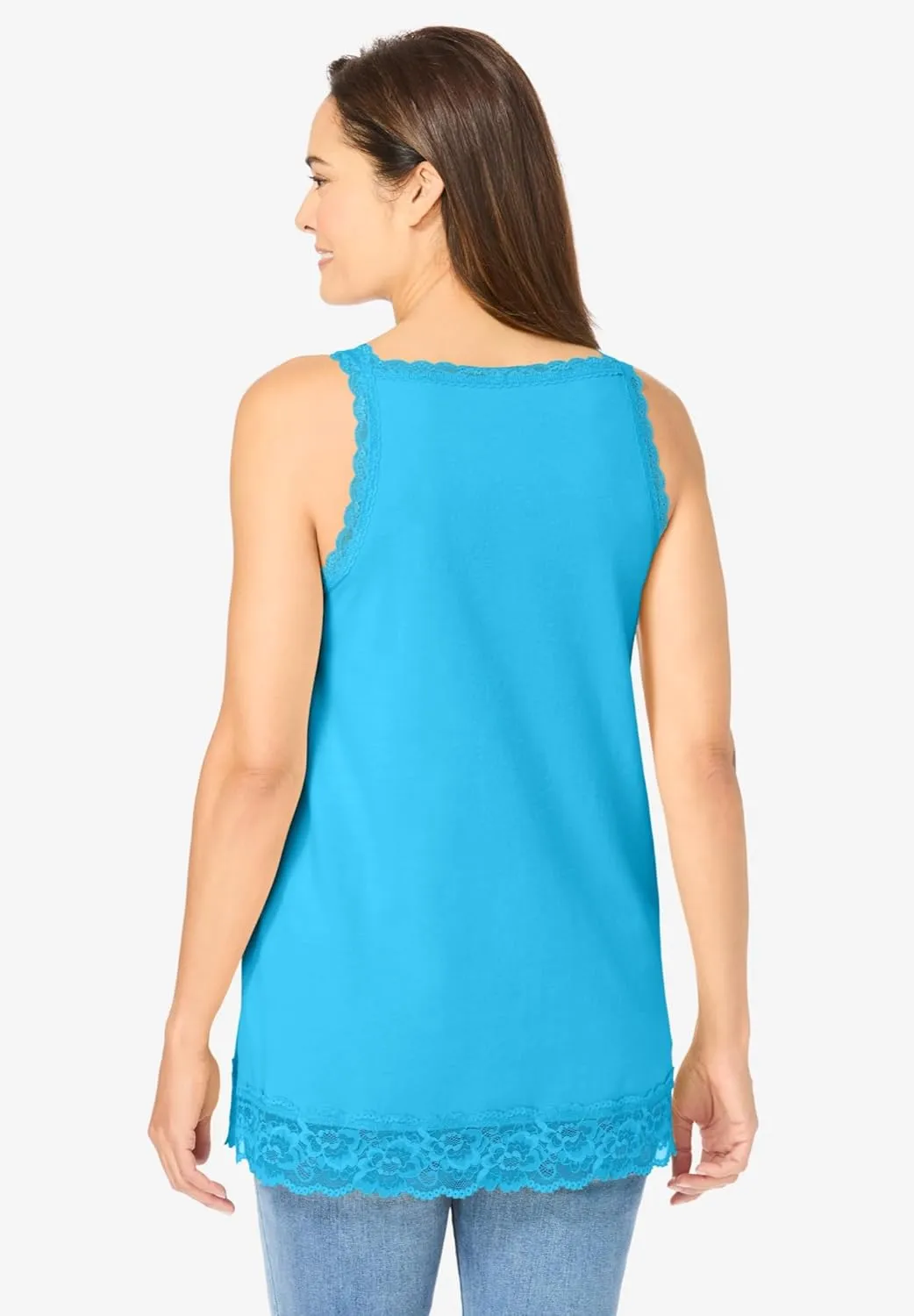 Woman Within Plus Size Lace-Trim V-Neck Tank