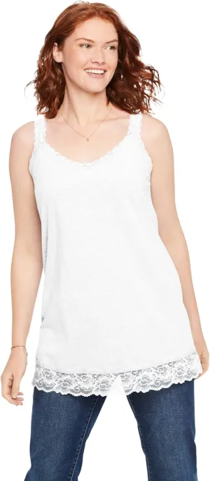 Woman Within Plus Size Lace-Trim V-Neck Tank