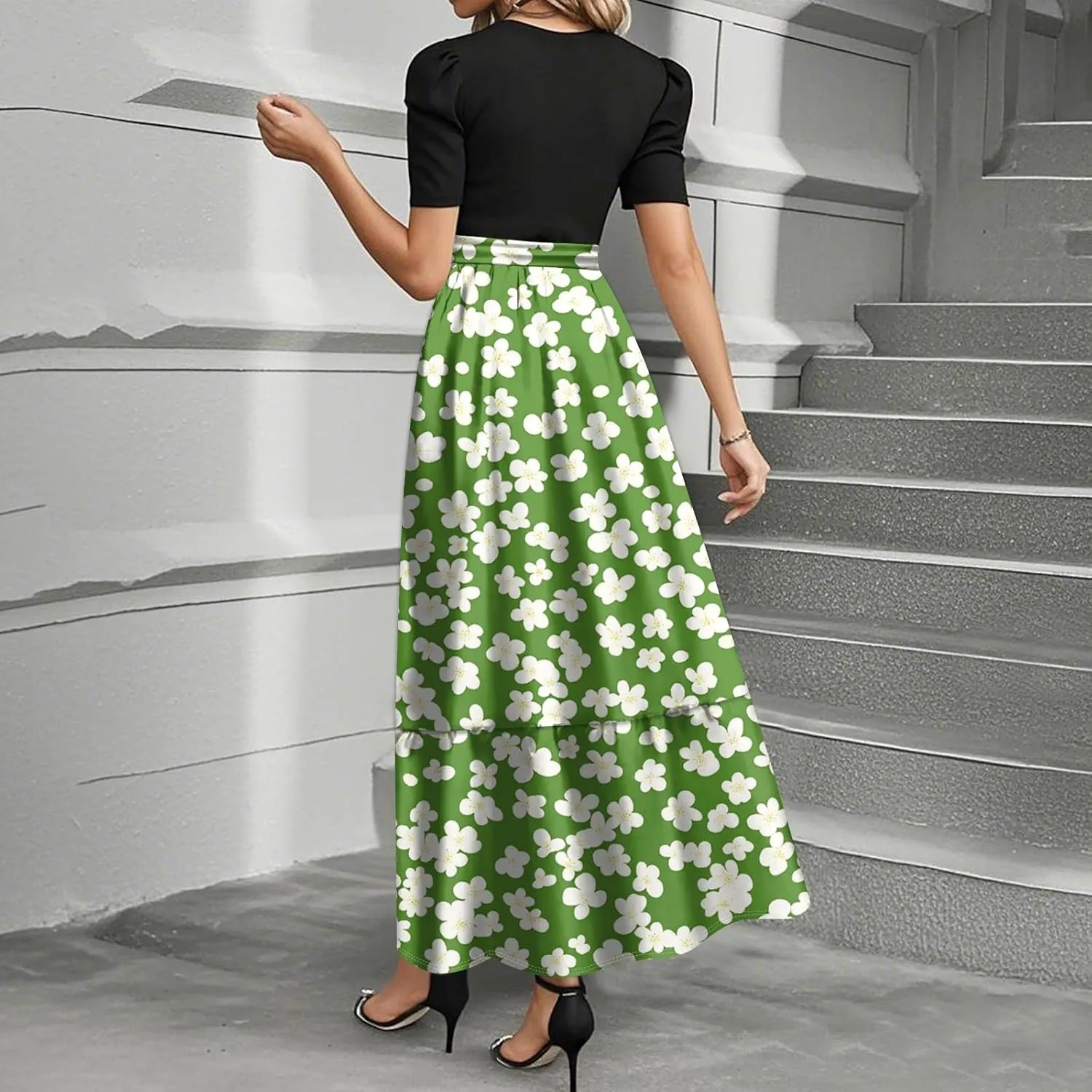 Women 2025 Casual Short Sleeves Elegant Maxi Dress with Belted Waist Crew Neck Flowy Boho Dress
