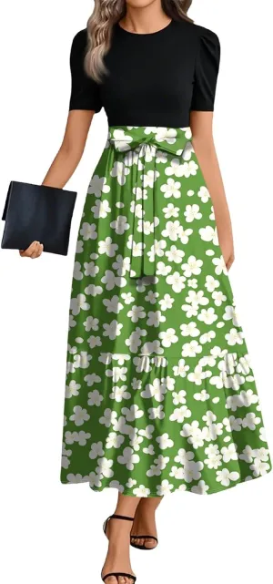 Women 2025 Casual Short Sleeves Elegant Maxi Dress with Belted Waist Crew Neck Flowy Boho Dress