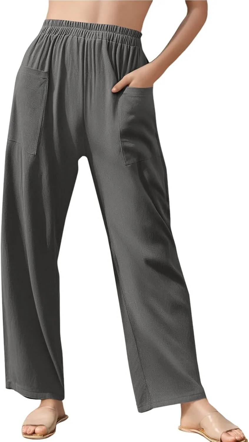 Women Beach Fashion Women Beach Fashion Women's Linen Blend High Waisted Straight Pants, Elastic Drawstring Waist