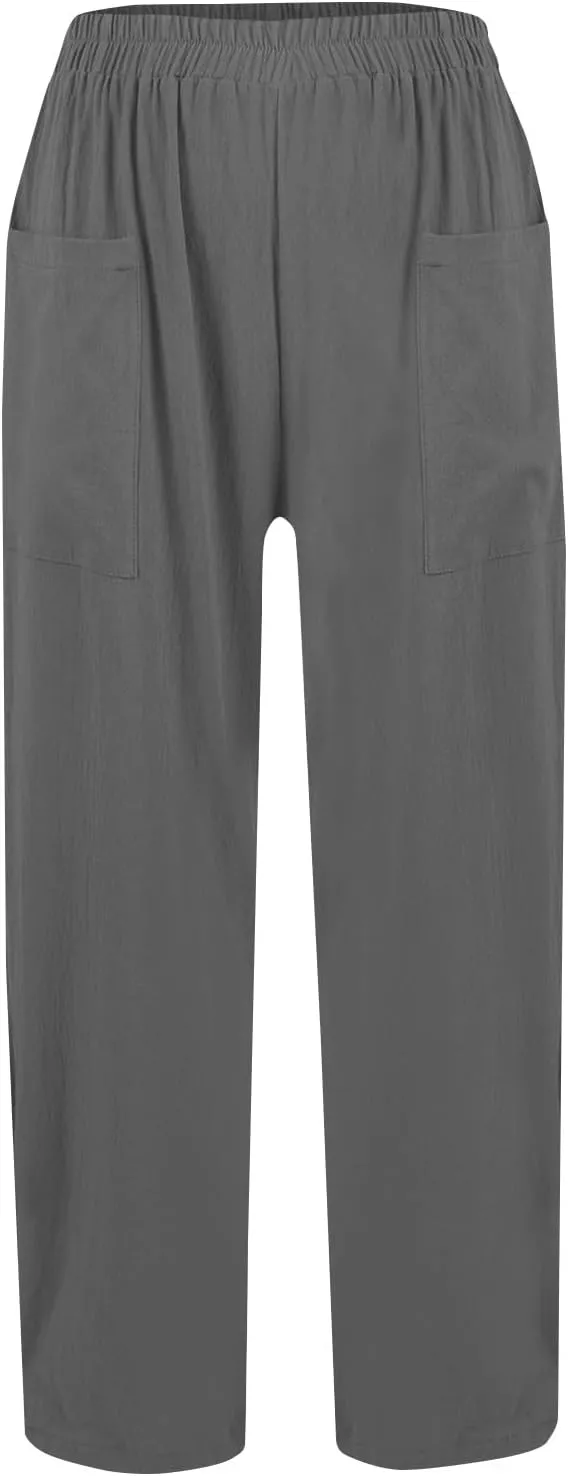Women Beach Fashion Women Beach Fashion Women's Linen Blend High Waisted Straight Pants, Elastic Drawstring Waist