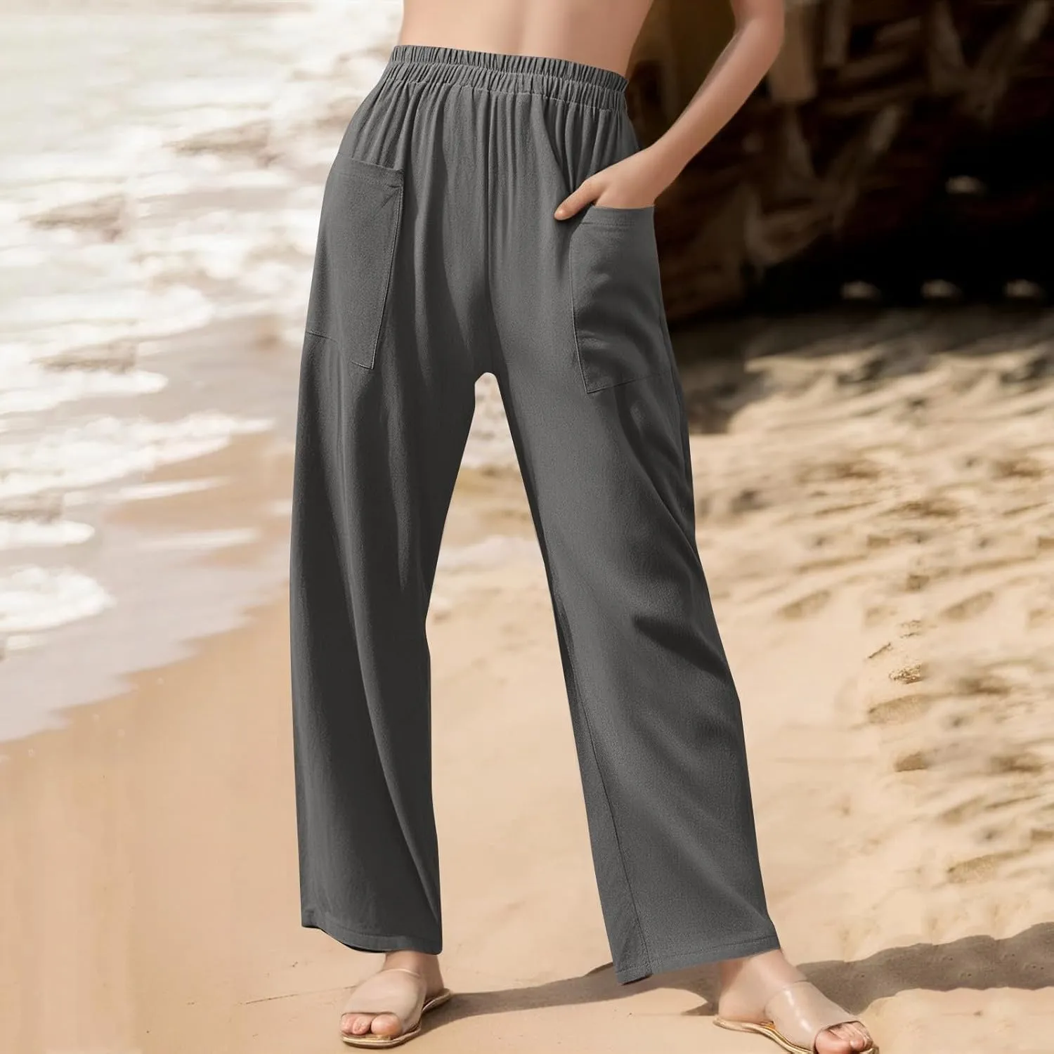 Women Beach Fashion Women Beach Fashion Women's Linen Blend High Waisted Straight Pants, Elastic Drawstring Waist