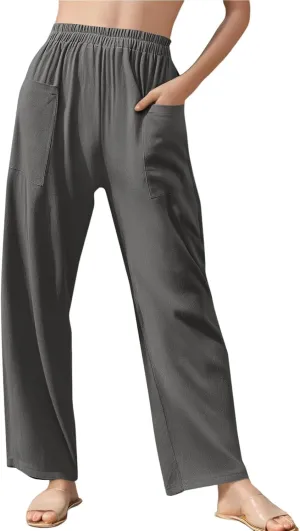 Women Beach Fashion Women Beach Fashion Women's Linen Blend High Waisted Straight Pants, Elastic Drawstring Waist