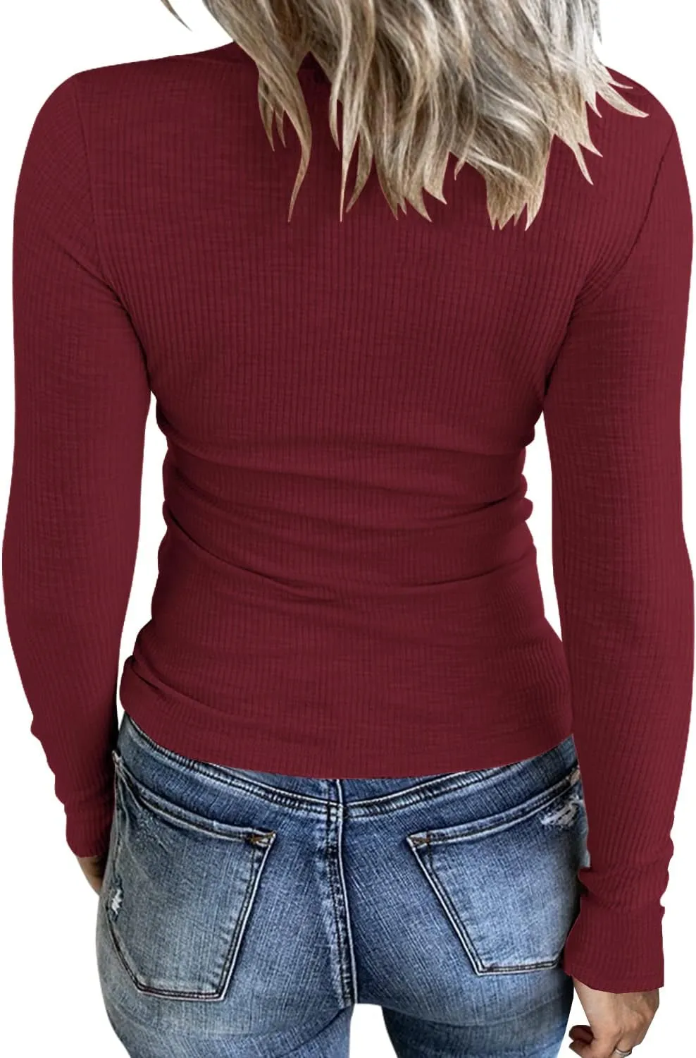 Women Casual Long Sleeve Tunic Tops V-Neck T Shirts Criss Cross Ribbed CasualTee Slim Fitted Fall Blouse