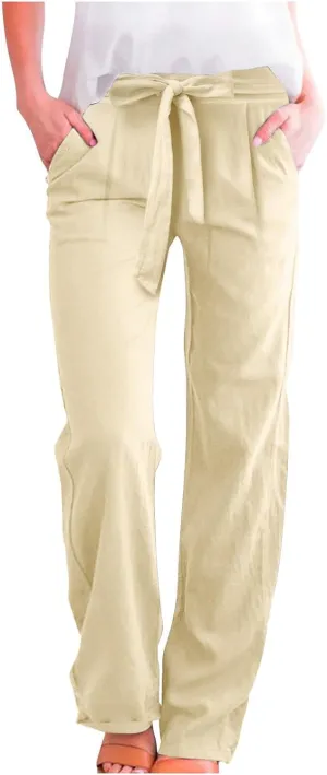 Women Cotton Linen Summer Flowy Pants Elastic Waist Wide Leg Slim-Fit Pants Office