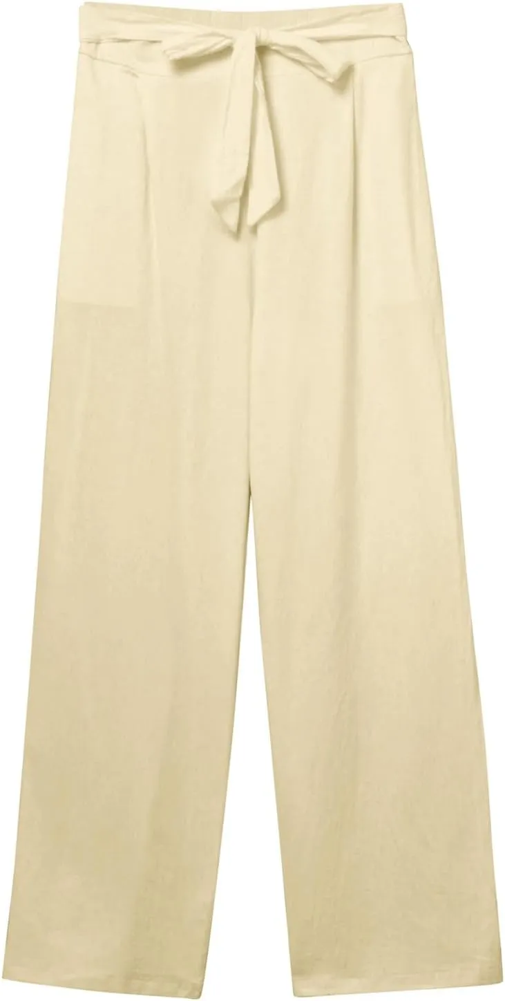Women Cotton Linen Summer Flowy Pants Elastic Waist Wide Leg Slim-Fit Pants Office