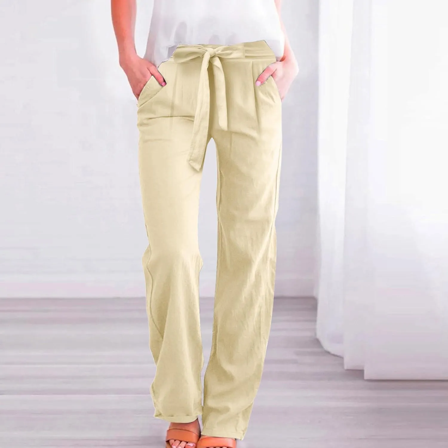 Women Cotton Linen Summer Flowy Pants Elastic Waist Wide Leg Slim-Fit Pants Office