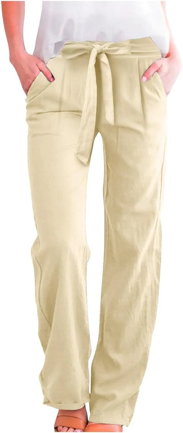 Women Cotton Linen Summer Flowy Pants Elastic Waist Wide Leg Slim-Fit Pants Office