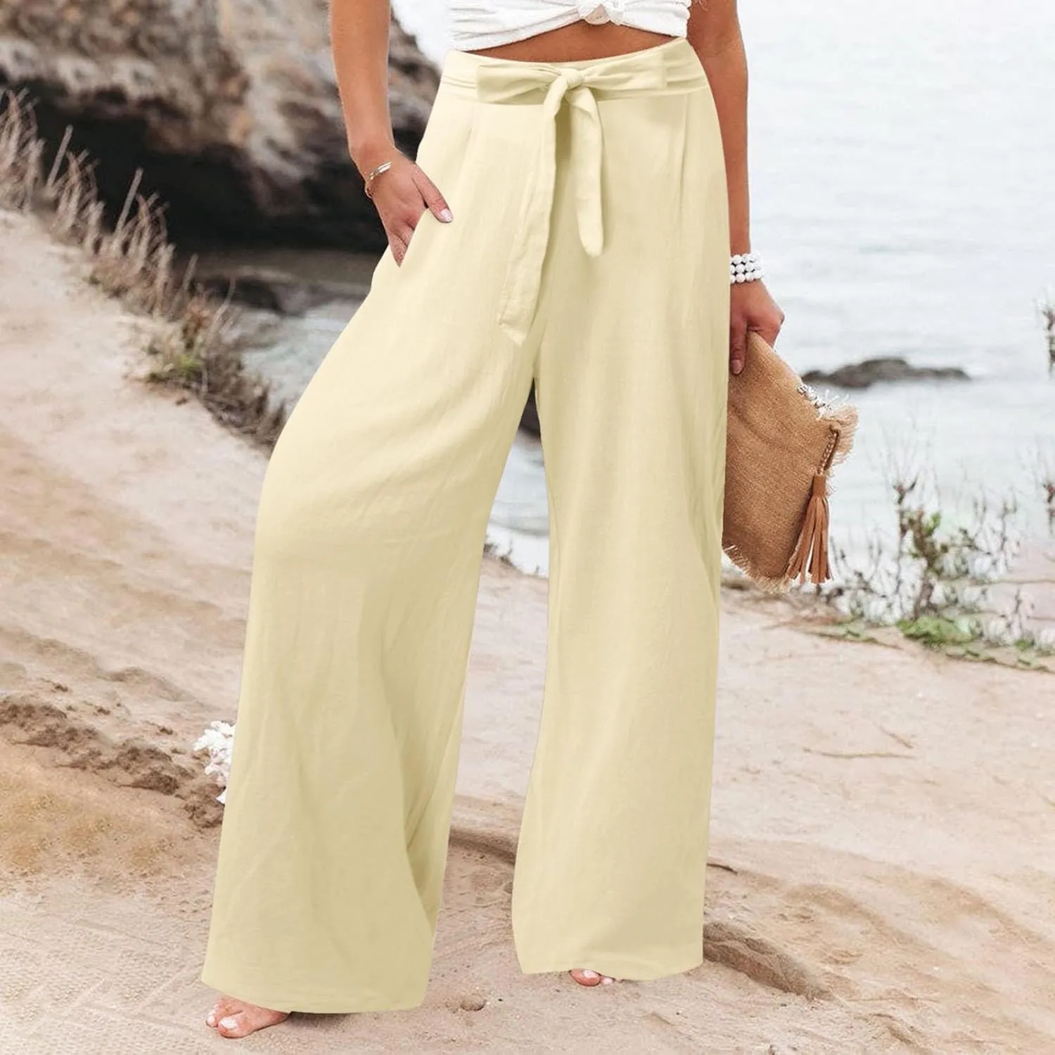 Women Cotton Linen Summer Flowy Pants Elastic Waist Wide Leg Slim-Fit Pants Office