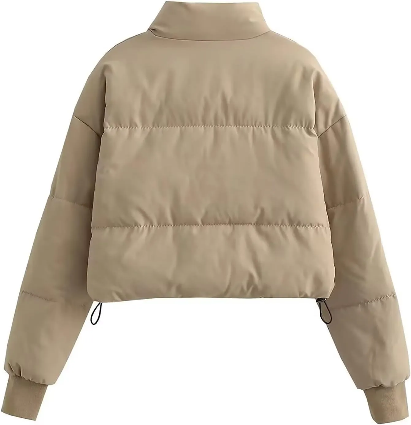 Women Cropped Stand Collar Down Jackets Long Sleeve Solid Full Zipper Puffer Jacket Winter Warm Outdoor Hiking Coat