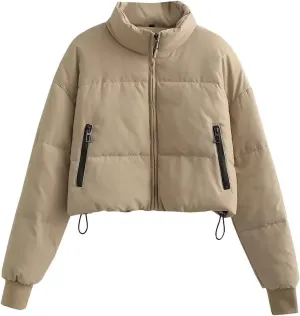 Women Cropped Stand Collar Down Jackets Long Sleeve Solid Full Zipper Puffer Jacket Winter Warm Outdoor Hiking Coat