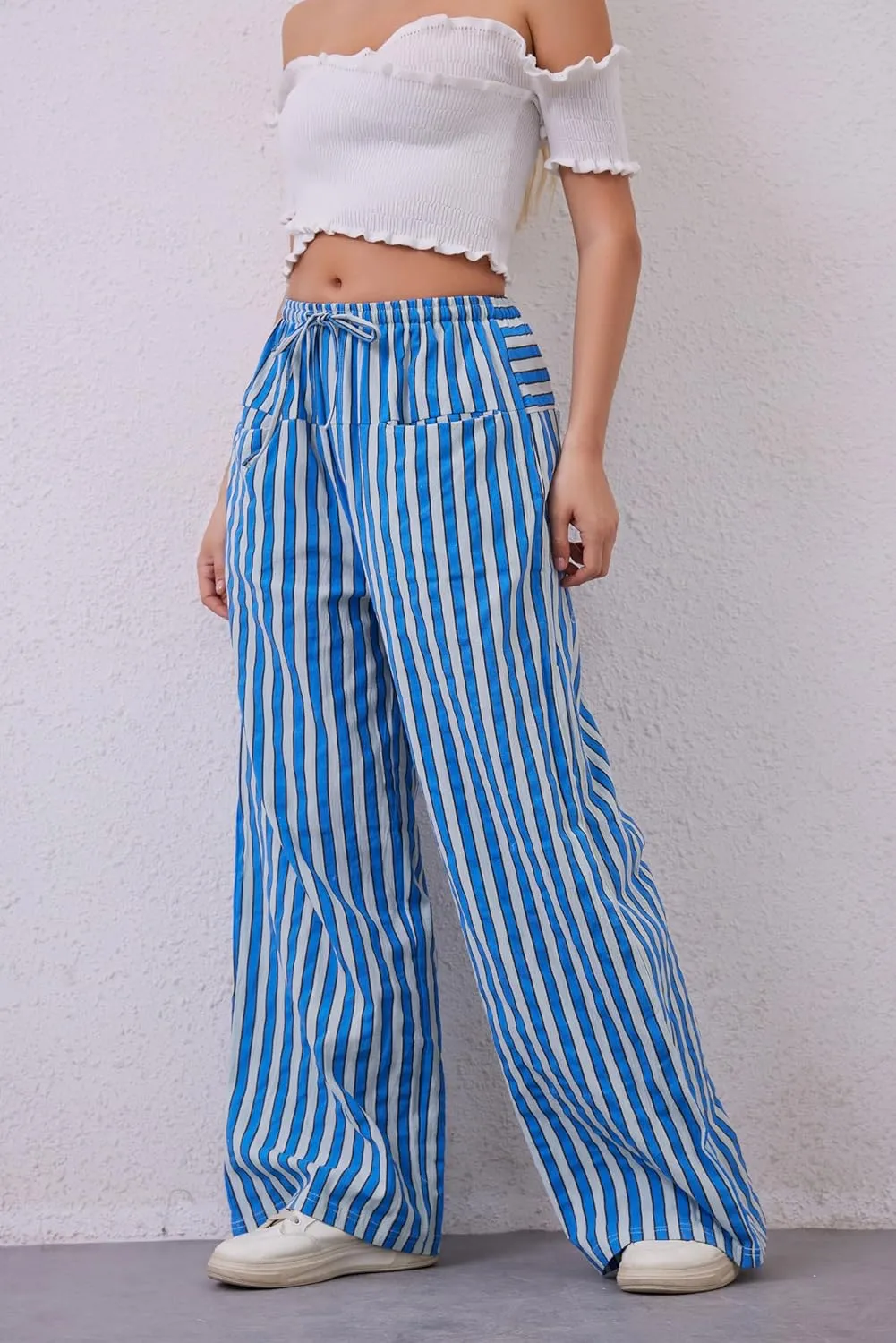 Women Drawstring Stripe Wide Leg Casual Trousers Striped Low Rise Casual Loose Lounge Pants with Pockets
