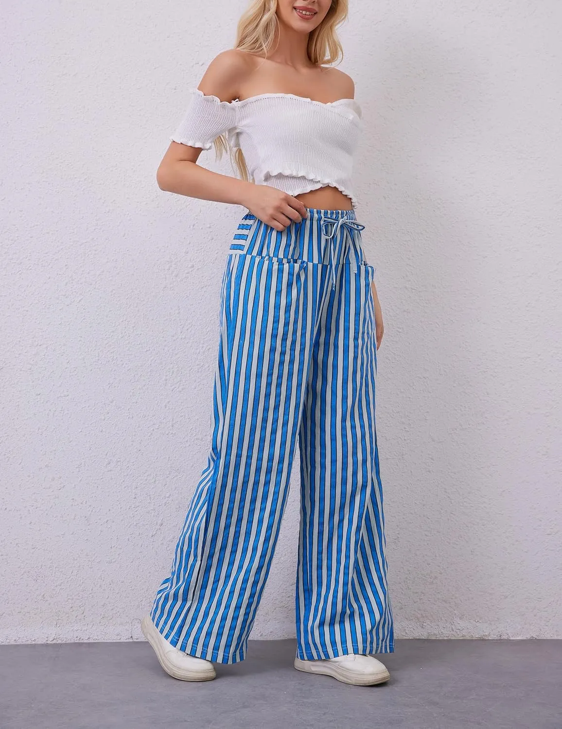 Women Drawstring Stripe Wide Leg Casual Trousers Striped Low Rise Casual Loose Lounge Pants with Pockets