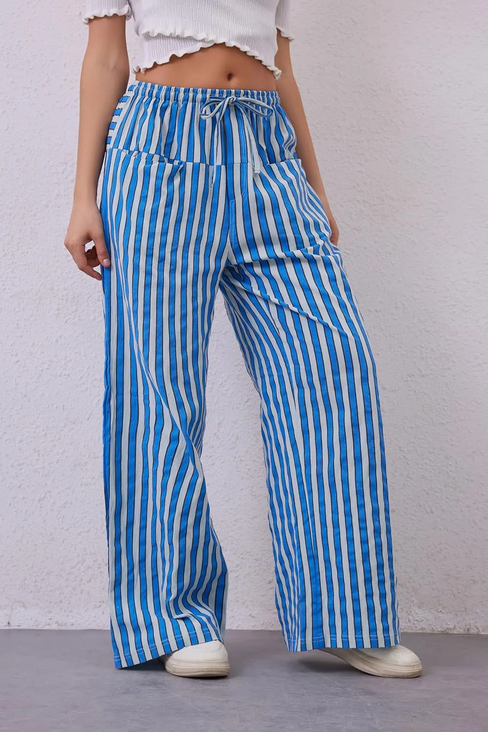 Women Drawstring Stripe Wide Leg Casual Trousers Striped Low Rise Casual Loose Lounge Pants with Pockets