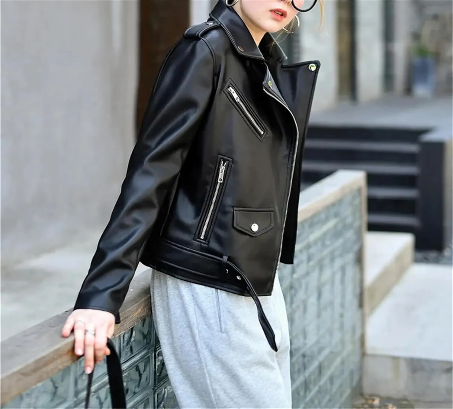 Women Faux Leather Casual Jacket Solid Color Zipper Cropped Coat Bomber Biker Moto Jackets Outwear
