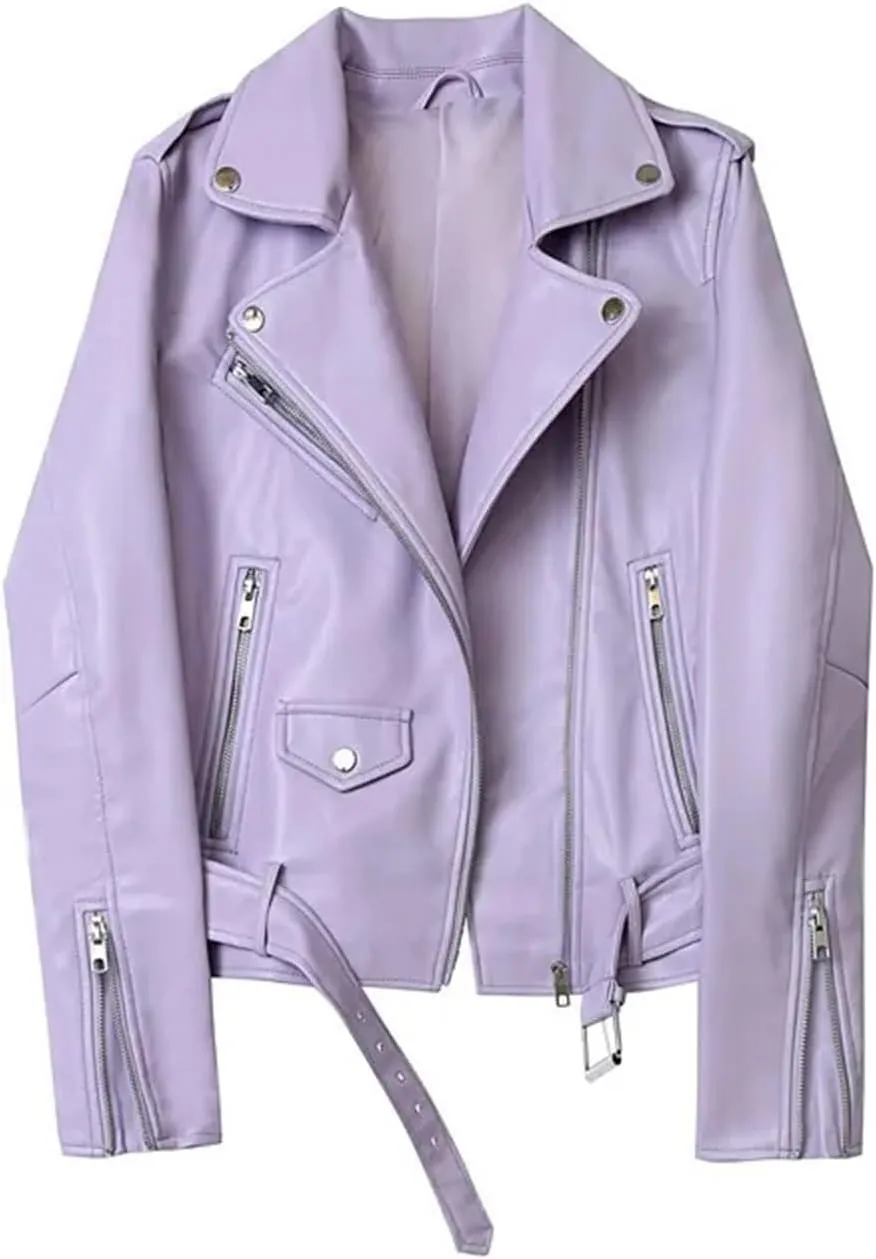 Women Faux Leather Casual Jacket Solid Color Zipper Cropped Coat Bomber Biker Moto Jackets Outwear
