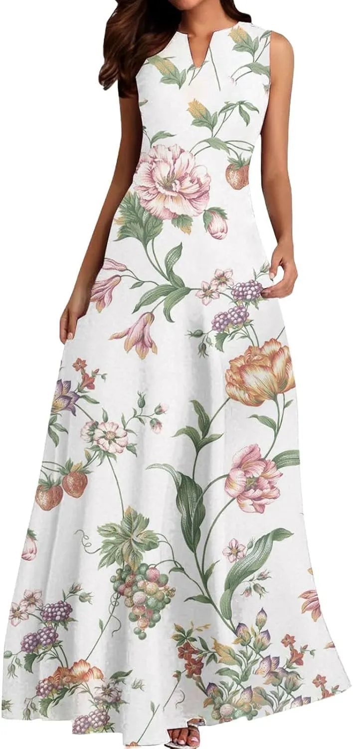 Women Floral Print Maxi Dresses Sleeveless V Neck Dress Casual Flowy Beach Long Sundress 2025 Summer Vacation Outfits