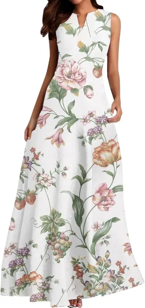 Women Floral Print Maxi Dresses Sleeveless V Neck Dress Casual Flowy Beach Long Sundress 2025 Summer Vacation Outfits