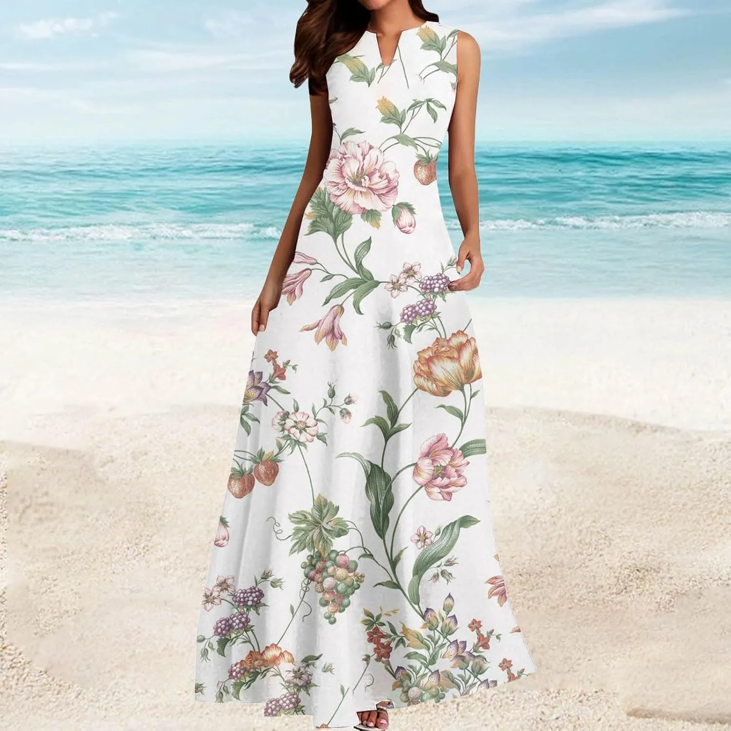 Women Floral Print Maxi Dresses Sleeveless V Neck Dress Casual Flowy Beach Long Sundress 2025 Summer Vacation Outfits