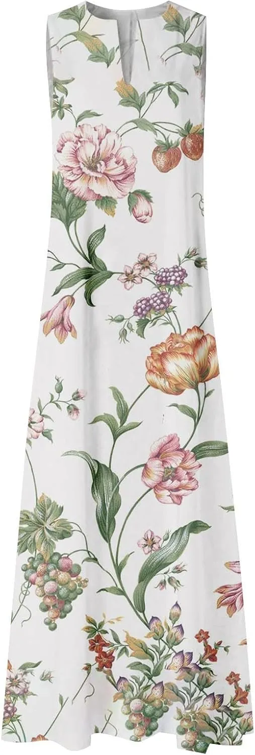 Women Floral Print Maxi Dresses Sleeveless V Neck Dress Casual Flowy Beach Long Sundress 2025 Summer Vacation Outfits