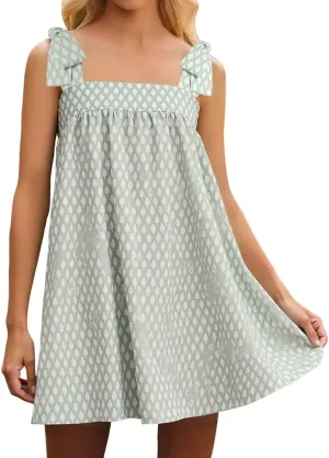 Women Floral Tie Shoulder Mini Dress Cute Square Neck Y2K Bow Babydoll Ruffle Short Dress Summer Boho Flowy Sundress