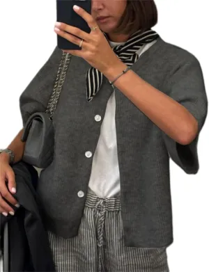 Women Knitted Crop Cardigan Sweater Short Sleeve Button Down Ribbed Knit Crop Top Blouse Y2k Pullover Tee Tops