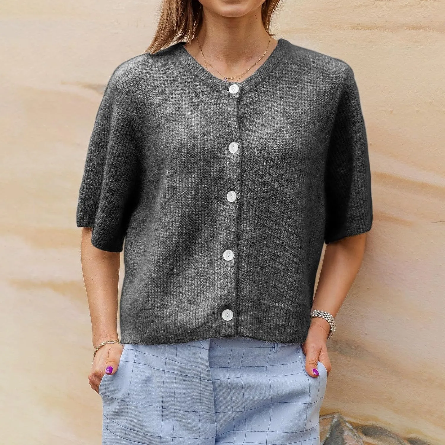 Women Knitted Crop Cardigan Sweater Short Sleeve Button Down Ribbed Knit Crop Top Blouse Y2k Pullover Tee Tops