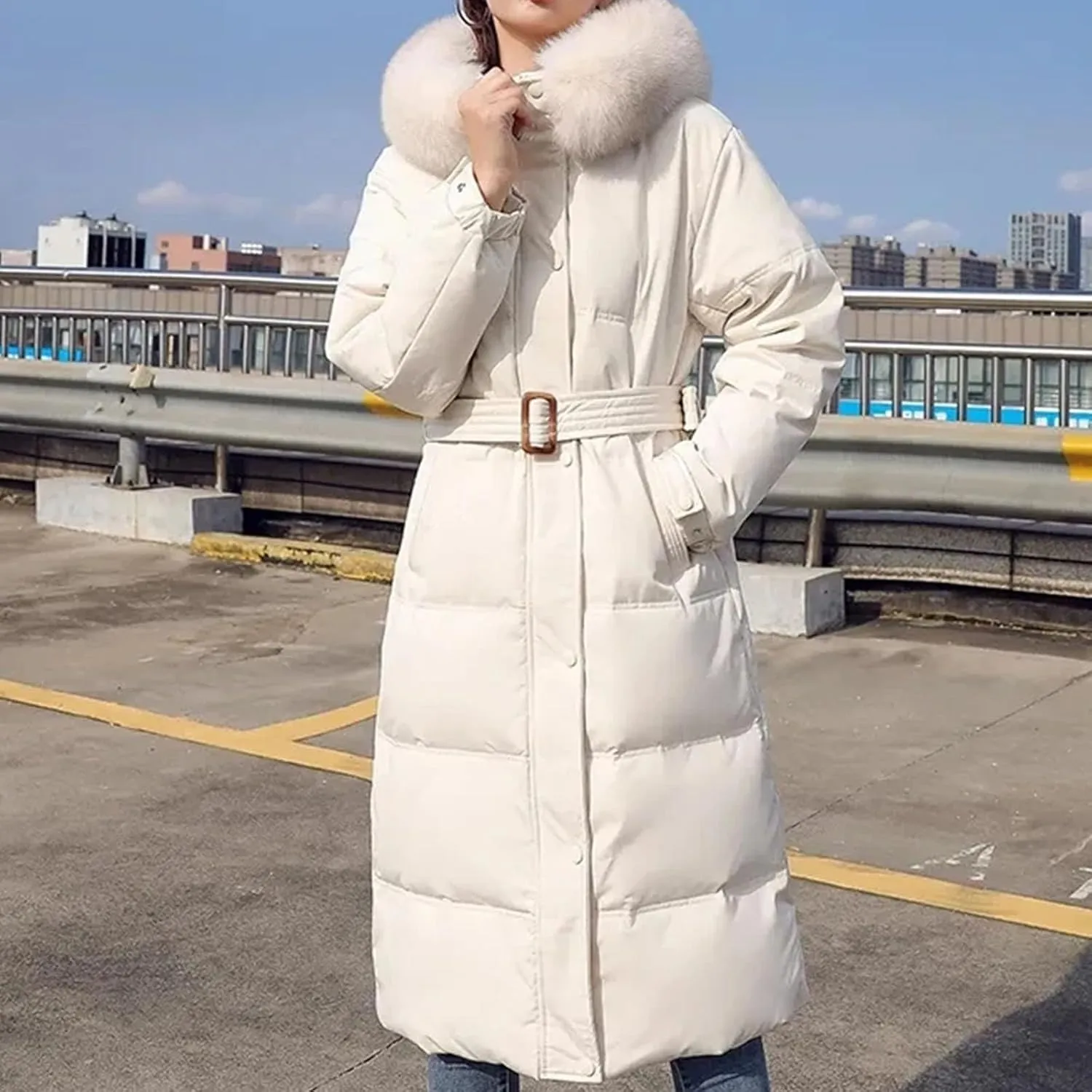 Women Long Down Cotton Parkas Coat Female Winter Loose Fur Collar Hooded Warm Thick Parkas Puffer Padded Overcoat
