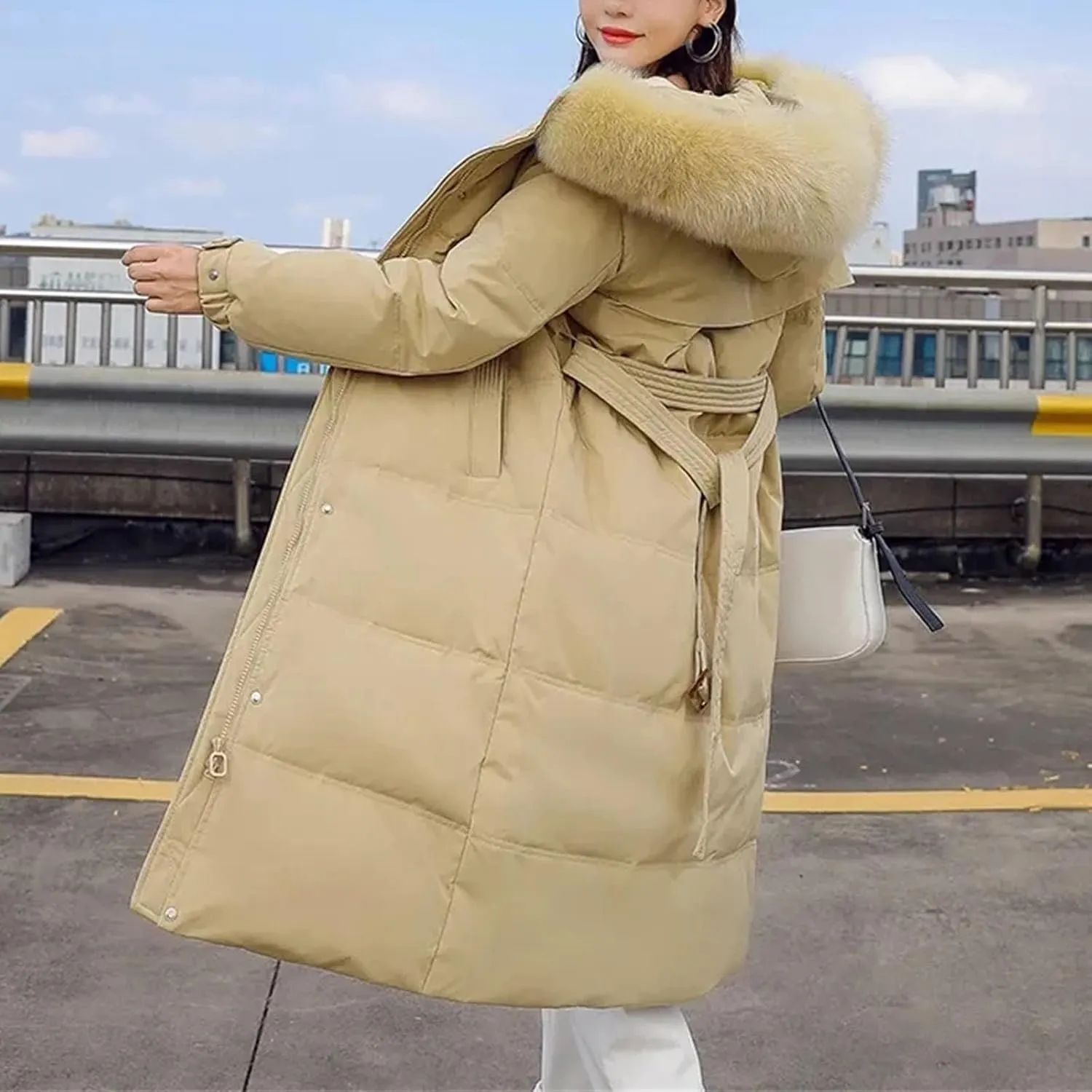 Women Long Down Cotton Parkas Coat Female Winter Loose Fur Collar Hooded Warm Thick Parkas Puffer Padded Overcoat
