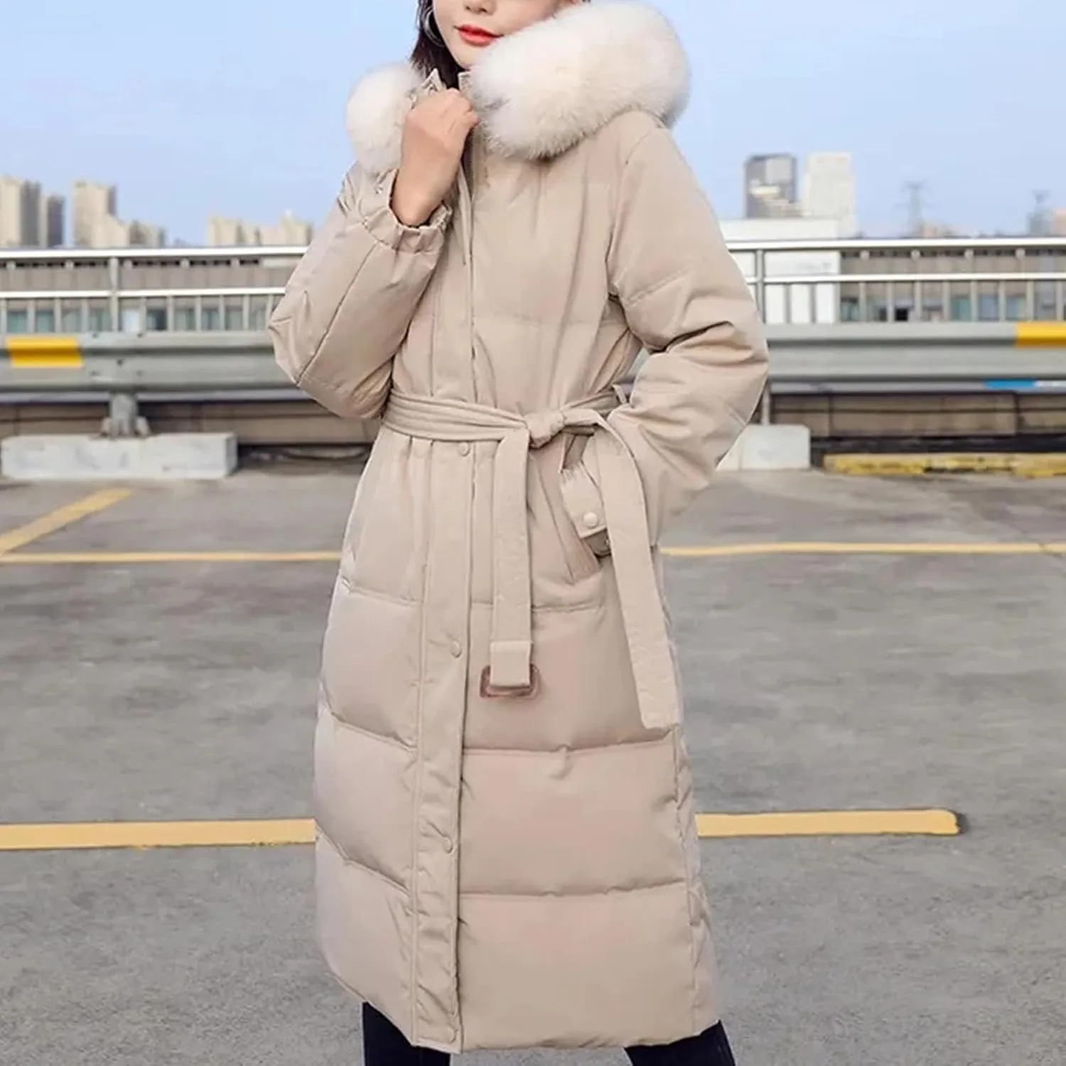 Women Long Down Cotton Parkas Coat Female Winter Loose Fur Collar Hooded Warm Thick Parkas Puffer Padded Overcoat