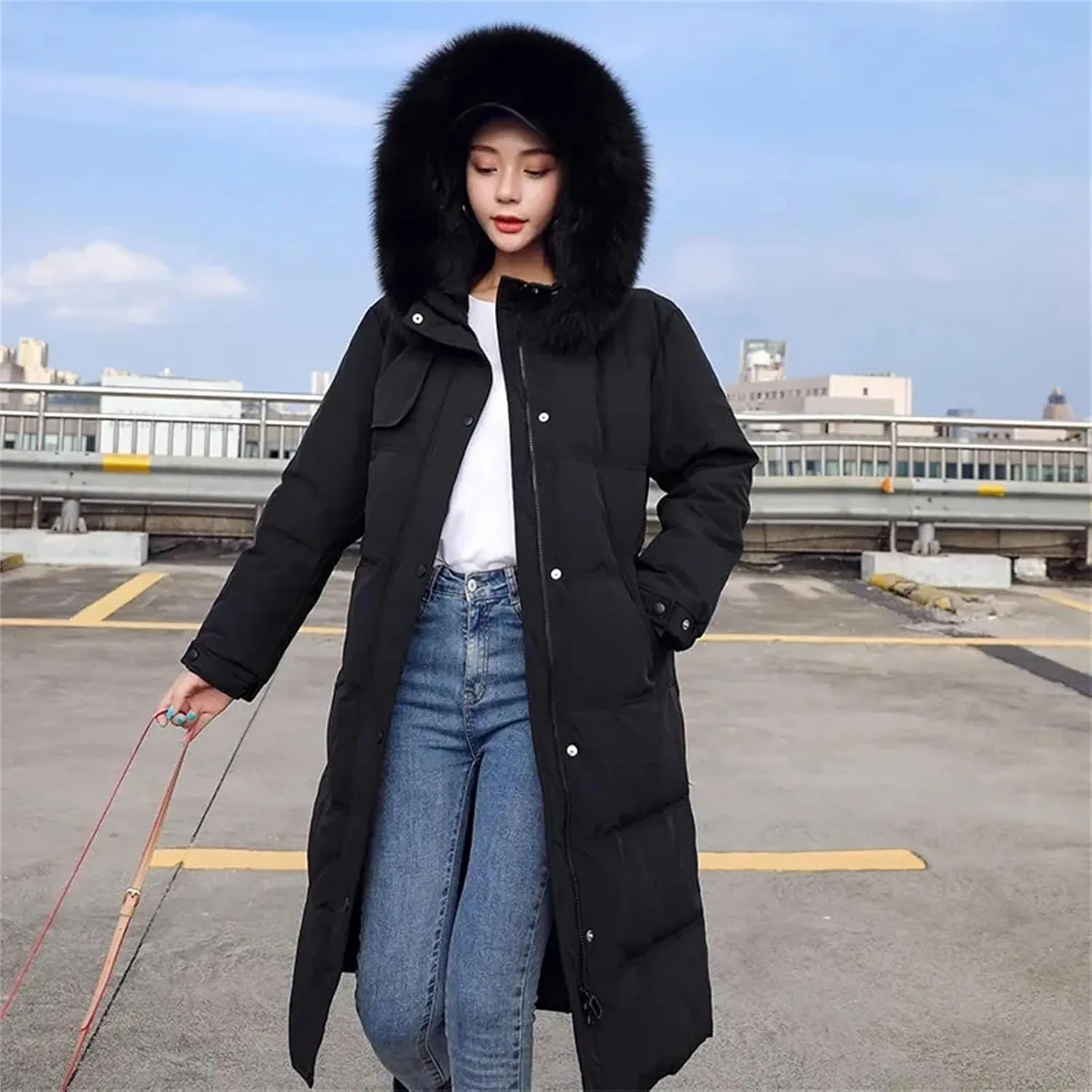 Women Long Down Cotton Parkas Coat Female Winter Loose Fur Collar Hooded Warm Thick Parkas Puffer Padded Overcoat