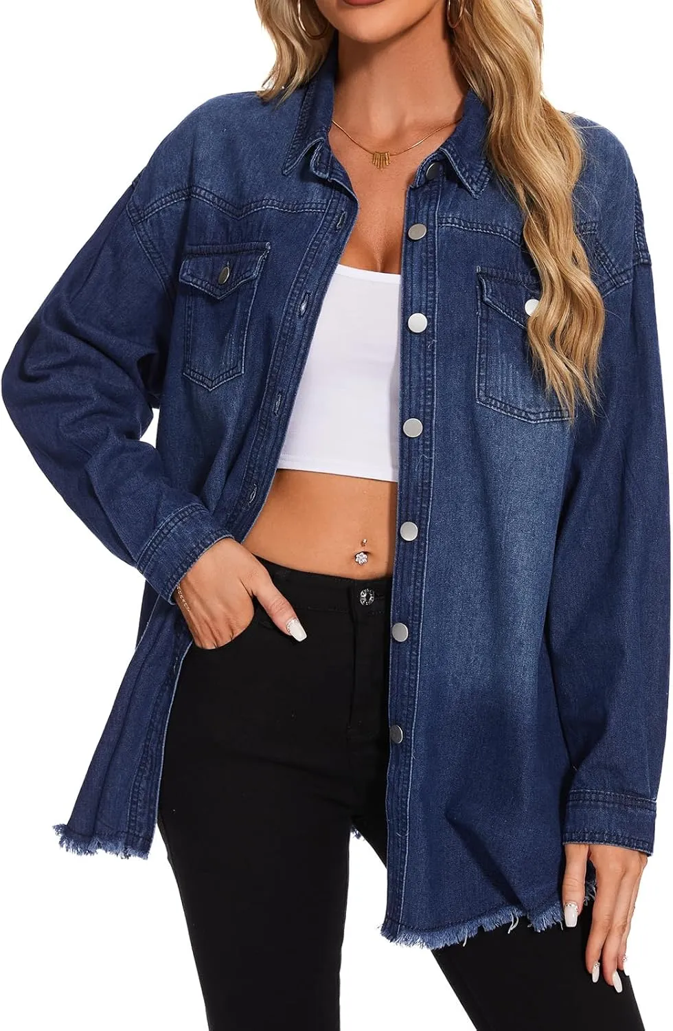 Women Oversized Button Up Denim Long Boyfriend Distresse Jean Jacket Frayed Hem Shacket
