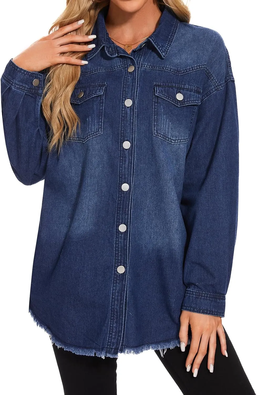 Women Oversized Button Up Denim Long Boyfriend Distresse Jean Jacket Frayed Hem Shacket